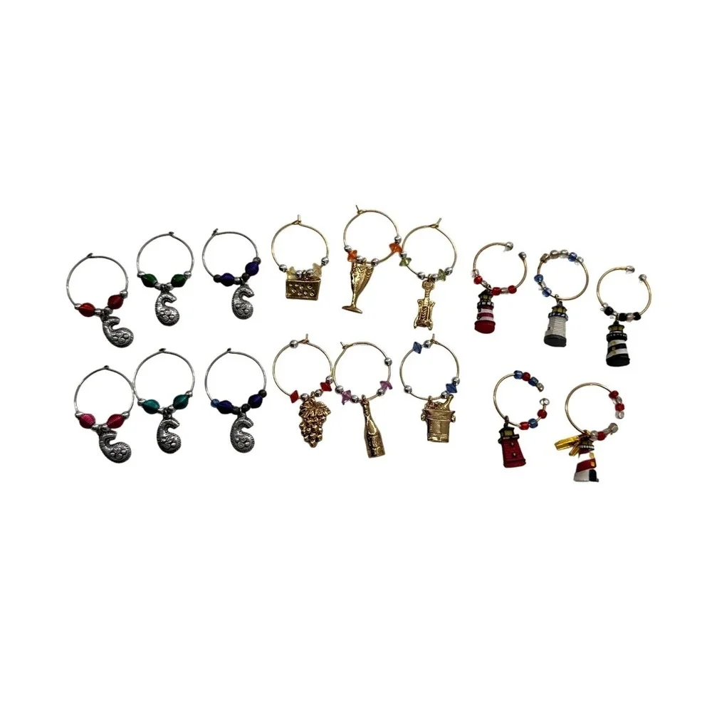 Set Of 17 wine Charms With Assorted Pendants &‎ Beads lighthouse bar ware gold